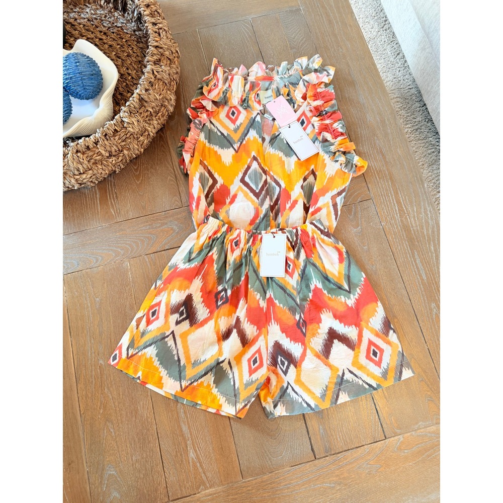 NWT Bambah Argentina Geometric Ruffle Top and Short Set Women's Orange XS